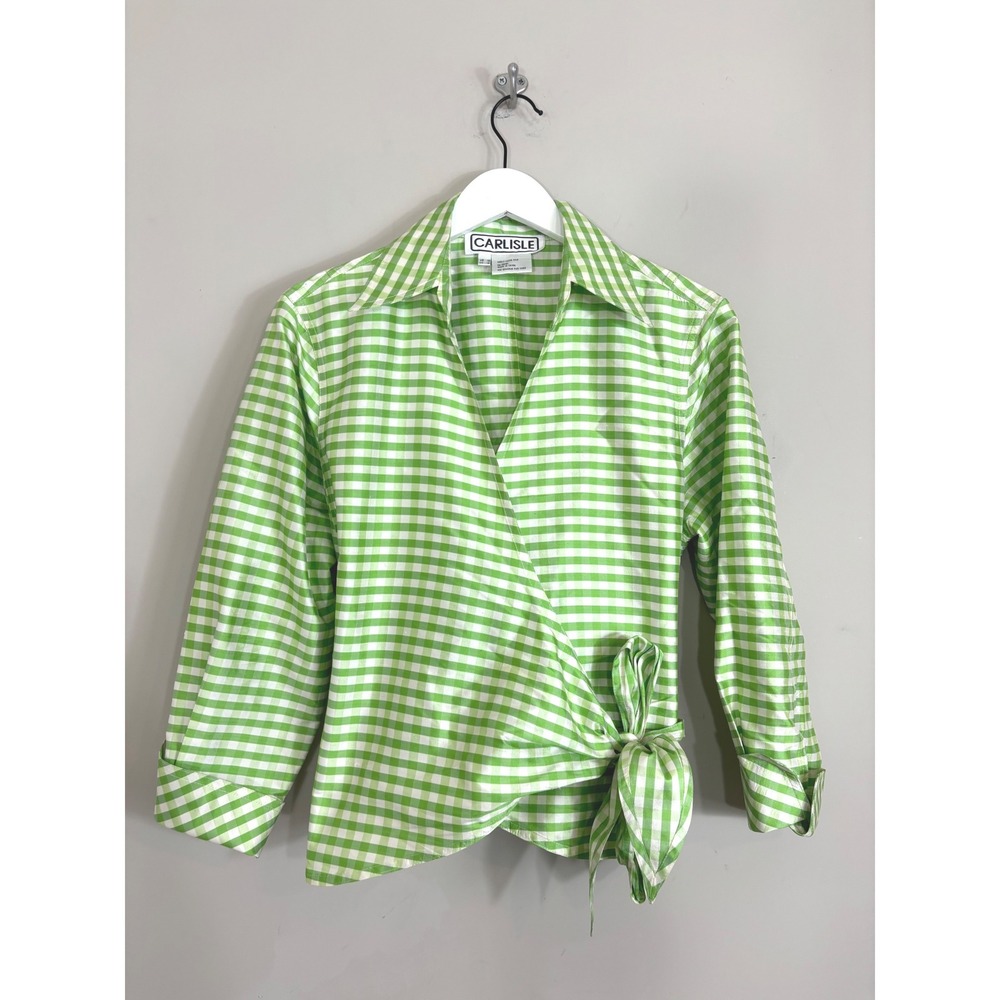 Carlisle Vintage 100% Silk Gingham Wrap Blouse Green White Plaid Top Size 10